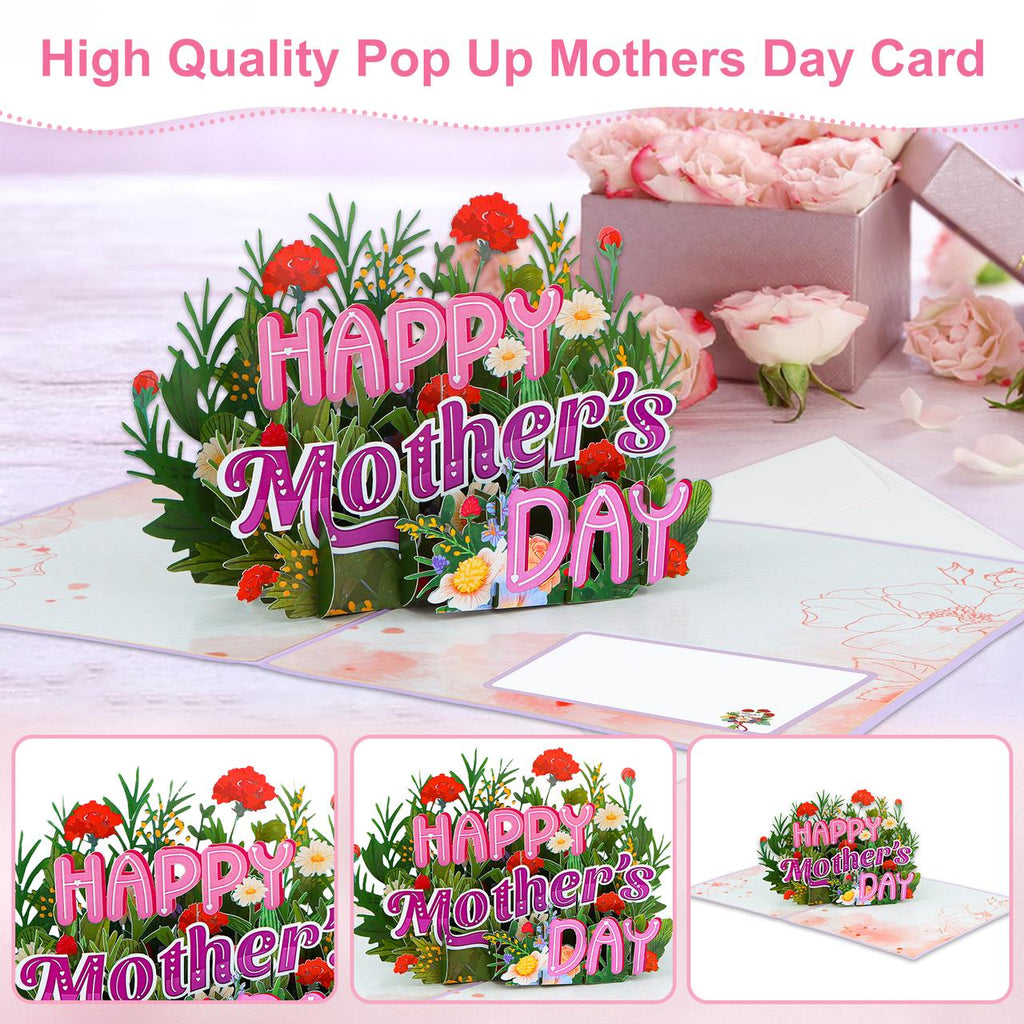 FaCraft Pop Up Mothers Day Cards - Large 8x6 4-Layer 3D Flower Garden & Butterfly Centerpiece for Mom - Handmade Happy Mother’s Day Card with White Pearlescent Envelope, Writing Note, Seal