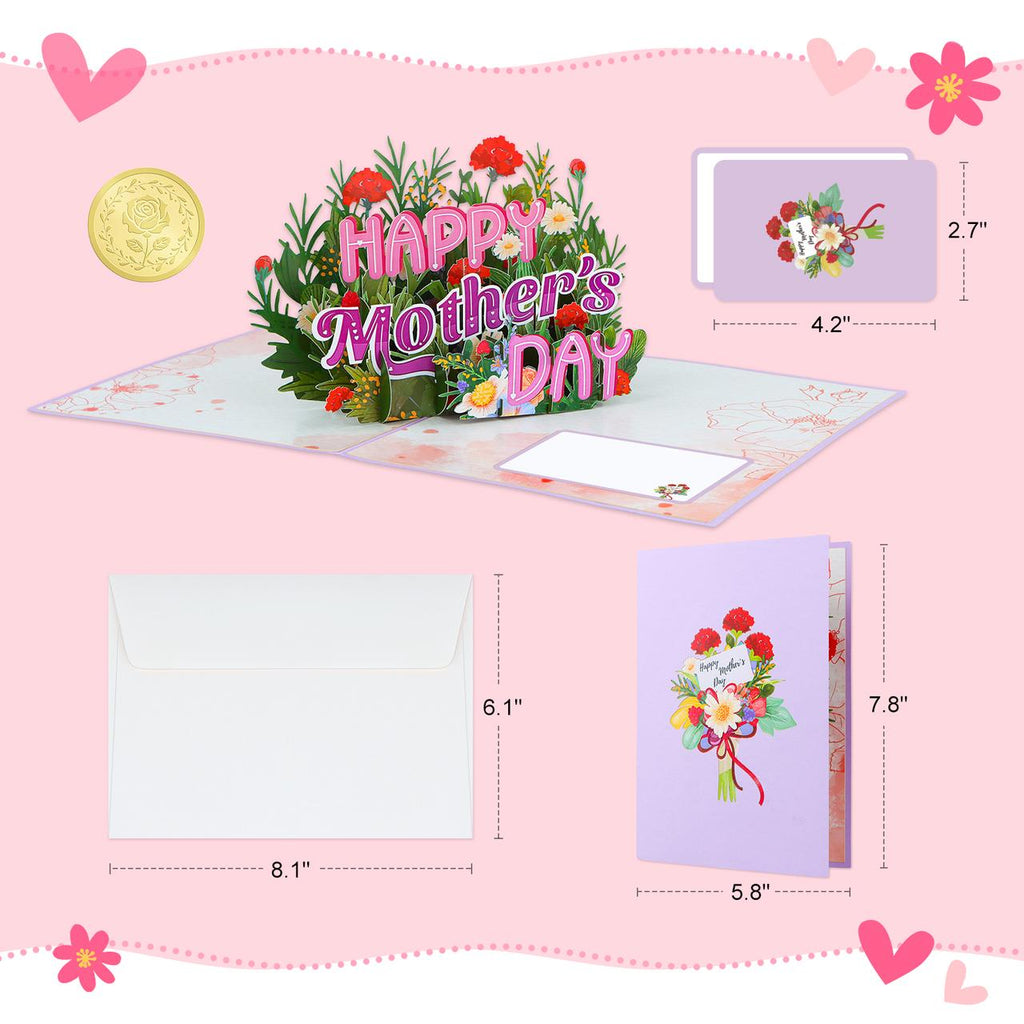 FaCraft Pop Up Mothers Day Cards - Large 8x6 4-Layer 3D Flower Garden & Butterfly Centerpiece for Mom - Handmade Happy Mother’s Day Card with White Pearlescent Envelope, Writing Note, Seal