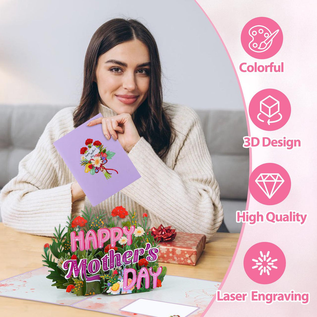 FaCraft Pop Up Mothers Day Cards - Large 8x6 4-Layer 3D Flower Garden & Butterfly Centerpiece for Mom - Handmade Happy Mother’s Day Card with White Pearlescent Envelope, Writing Note, Seal