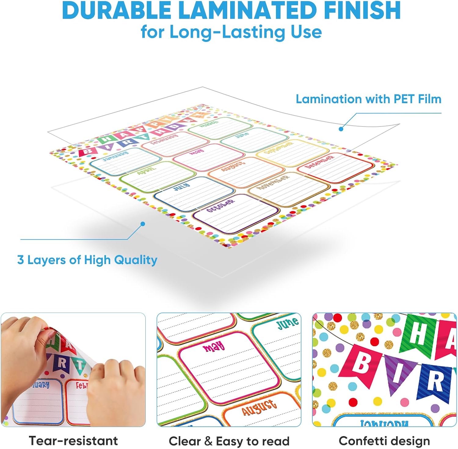 FaCraft Birthday Chart Poster for Classroom - Confetti Happy Birthday Poster Calendar Boho Reusable Laminated Classroom Birth day Chart Class Bulletin Board Decorations Back to School Teacher Supplies