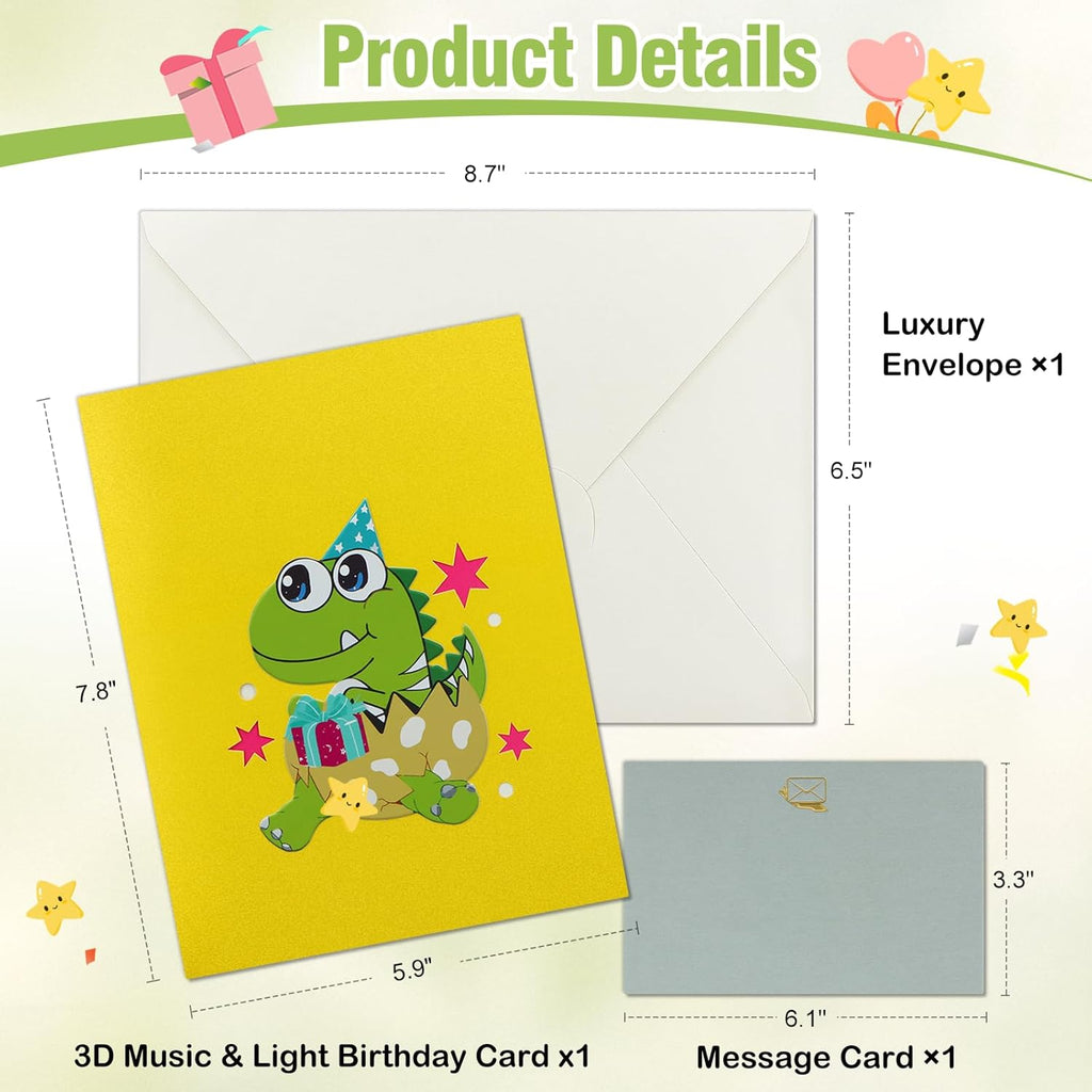 FaCraft Dinosaur Musical Birthday Cards for Kids - Music and Lights 3D T-Rex Handmade Pop Up Birthday Cards with Envelope, Blank Insert, Bday Gift for Boys Girls Son Daughter Grandson Toddler Nephew