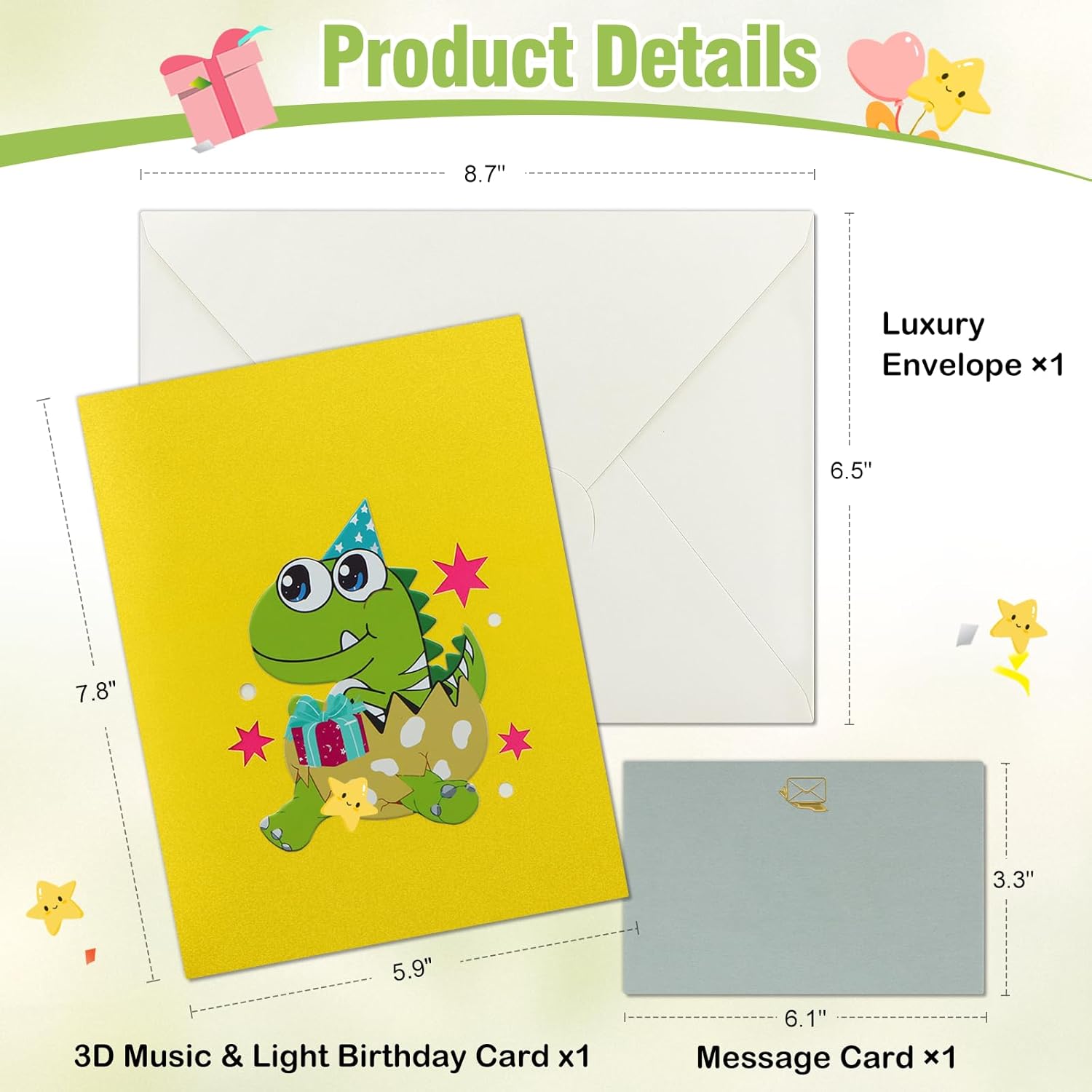 FaCraft Dinosaur Musical Birthday Cards for Kids - Music and Lights 3D T-Rex Handmade Pop Up Birthday Cards with Envelope, Blank Insert, Bday Gift for Boys Girls Son Daughter Grandson Toddler Nephew