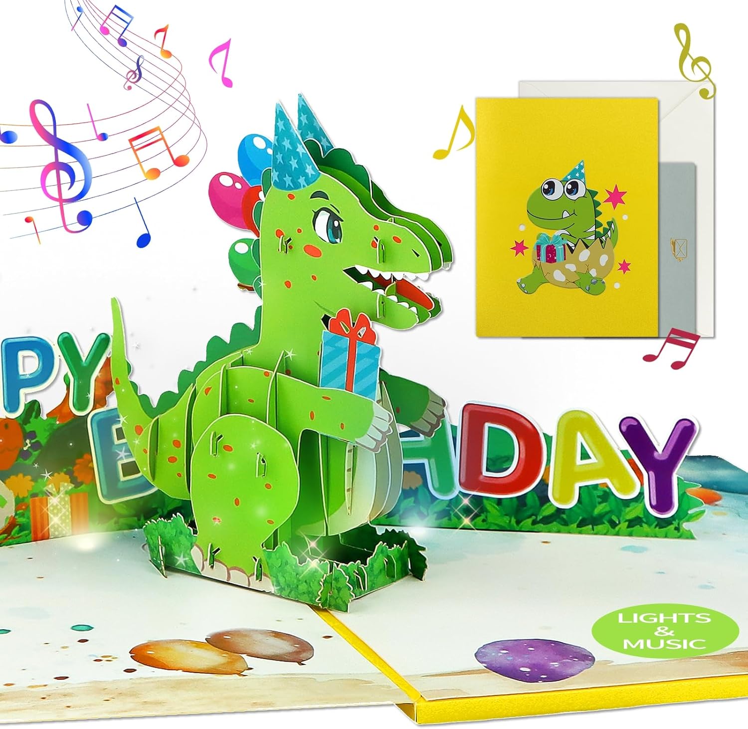 FaCraft Dinosaur Musical Birthday Cards for Kids - Music and Lights 3D T-Rex Handmade Pop Up Birthday Cards with Envelope, Blank Insert, Bday Gift for Boys Girls Son Daughter Grandson Toddler Nephew