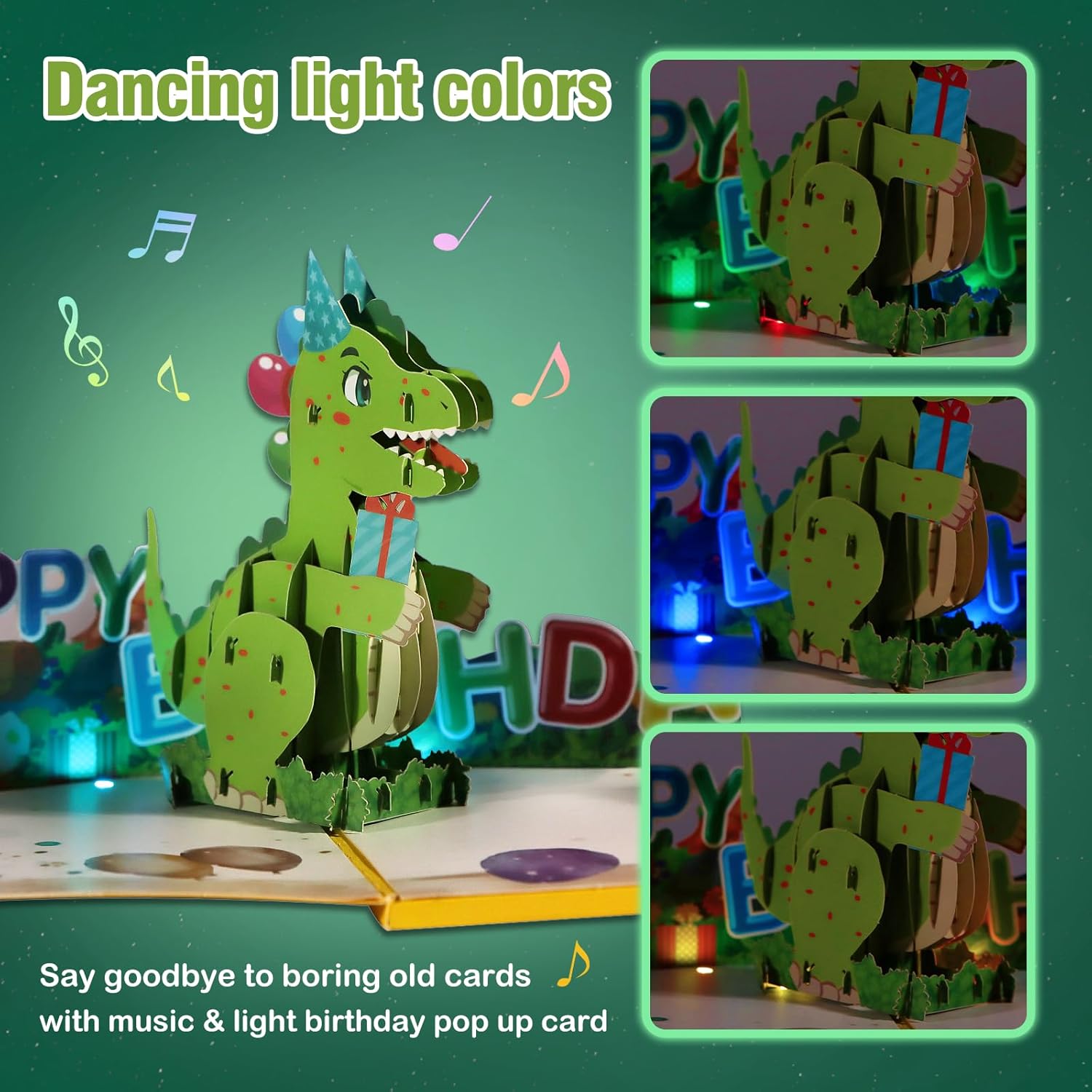 FaCraft Dinosaur Musical Birthday Cards for Kids - Music and Lights 3D T-Rex Handmade Pop Up Birthday Cards with Envelope, Blank Insert, Bday Gift for Boys Girls Son Daughter Grandson Toddler Nephew