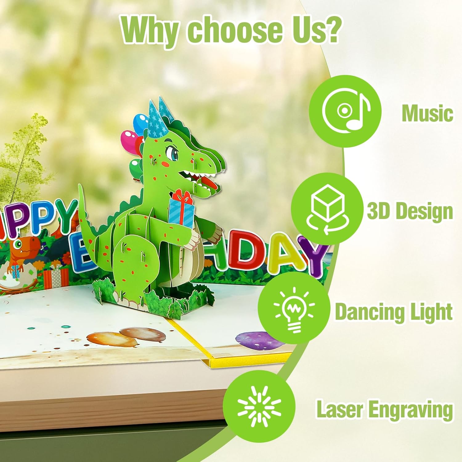 FaCraft Dinosaur Musical Birthday Cards for Kids - Music and Lights 3D T-Rex Handmade Pop Up Birthday Cards with Envelope, Blank Insert, Bday Gift for Boys Girls Son Daughter Grandson Toddler Nephew