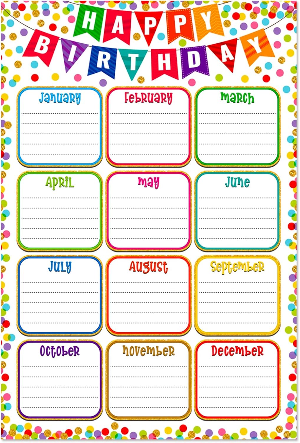 FaCraft Birthday Chart Poster for Classroom - Confetti Happy Birthday Poster Calendar Boho Reusable Laminated Classroom Birth day Chart Class Bulletin Board Decorations Back to School Teacher Supplies