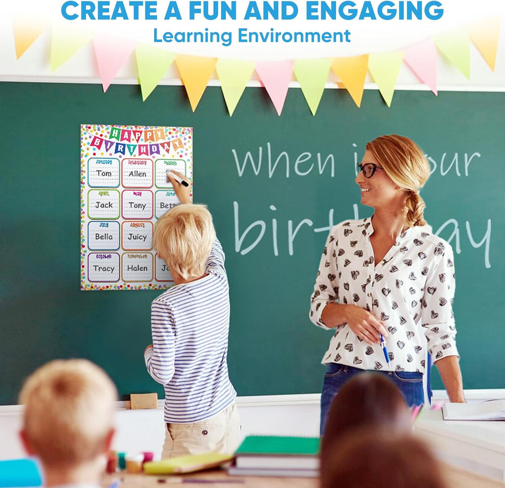 FaCraft Birthday Chart Poster for Classroom - Confetti Happy Birthday Poster Calendar Boho Reusable Laminated Classroom Birth day Chart Class Bulletin Board Decorations Back to School Teacher Supplies