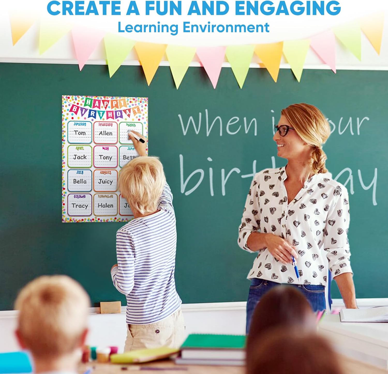 FaCraft Birthday Chart Poster for Classroom - Confetti Happy Birthday Poster Calendar Boho Reusable Laminated Classroom Birth day Chart Class Bulletin Board Decorations Back to School Teacher Supplies