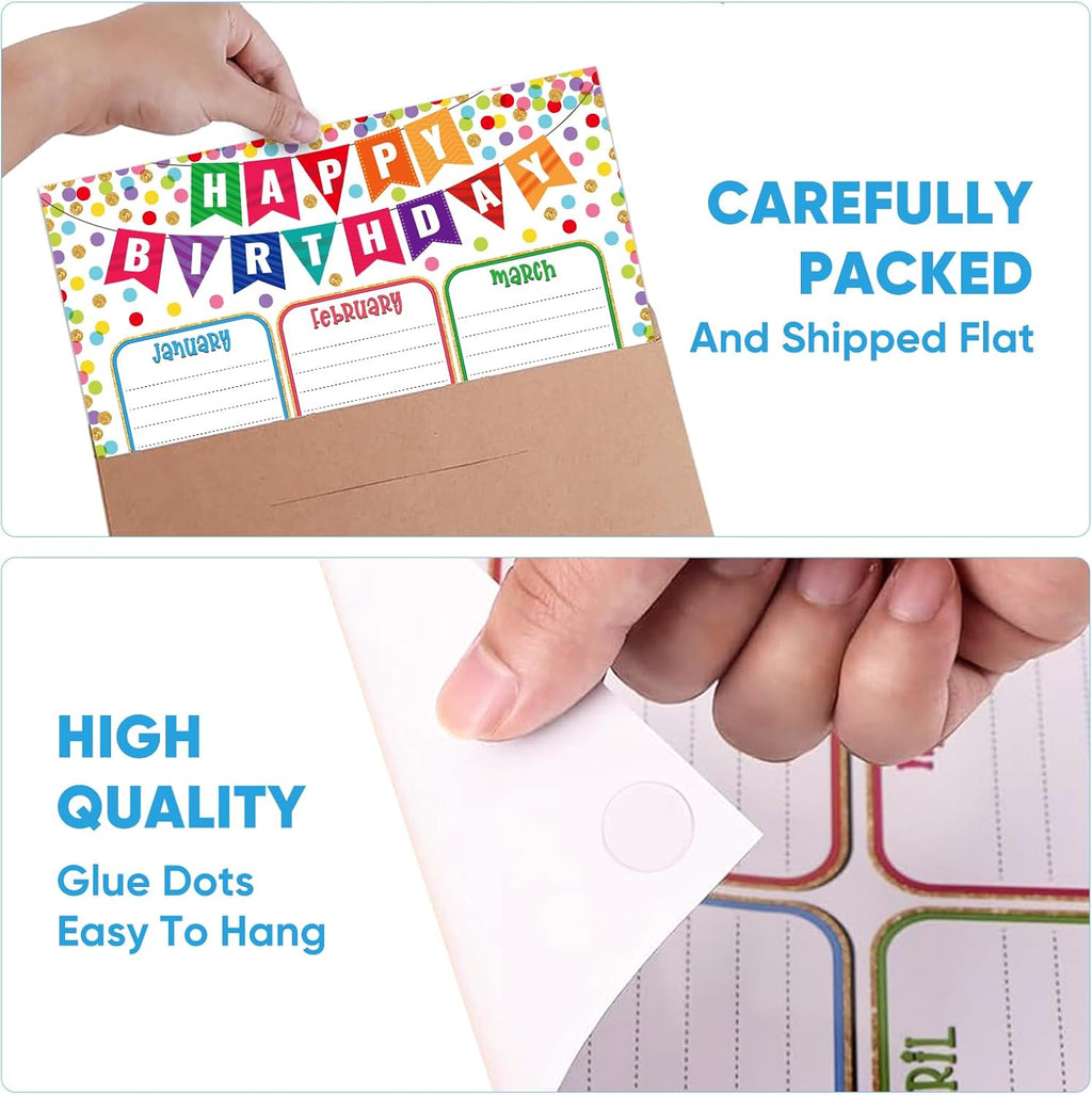 FaCraft Birthday Chart Poster for Classroom - Confetti Happy Birthday Poster Calendar Boho Reusable Laminated Classroom Birth day Chart Class Bulletin Board Decorations Back to School Teacher Supplies