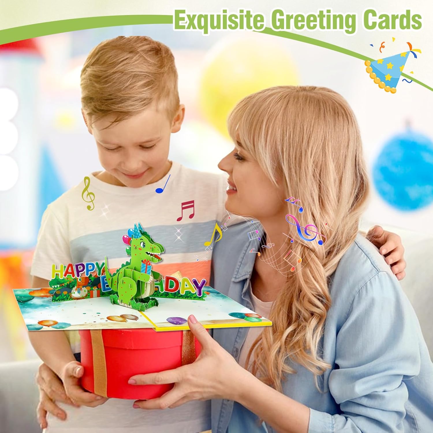 FaCraft Dinosaur Musical Birthday Cards for Kids - Music and Lights 3D T-Rex Handmade Pop Up Birthday Cards with Envelope, Blank Insert, Bday Gift for Boys Girls Son Daughter Grandson Toddler Nephew