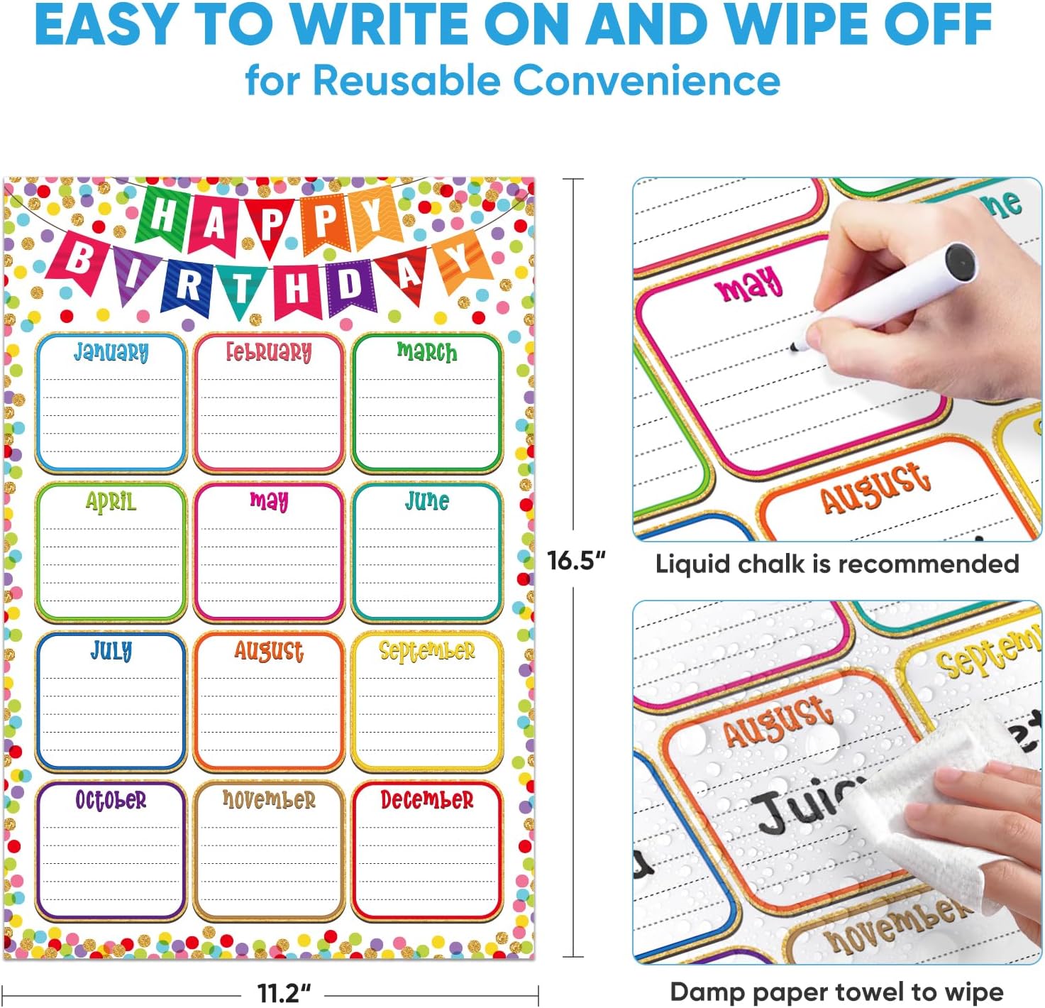 FaCraft Birthday Chart Poster for Classroom - Confetti Happy Birthday Poster Calendar Boho Reusable Laminated Classroom Birth day Chart Class Bulletin Board Decorations Back to School Teacher Supplies