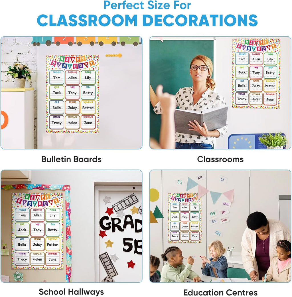 FaCraft Birthday Chart Poster for Classroom - Confetti Happy Birthday Poster Calendar Boho Reusable Laminated Classroom Birth day Chart Class Bulletin Board Decorations Back to School Teacher Supplies