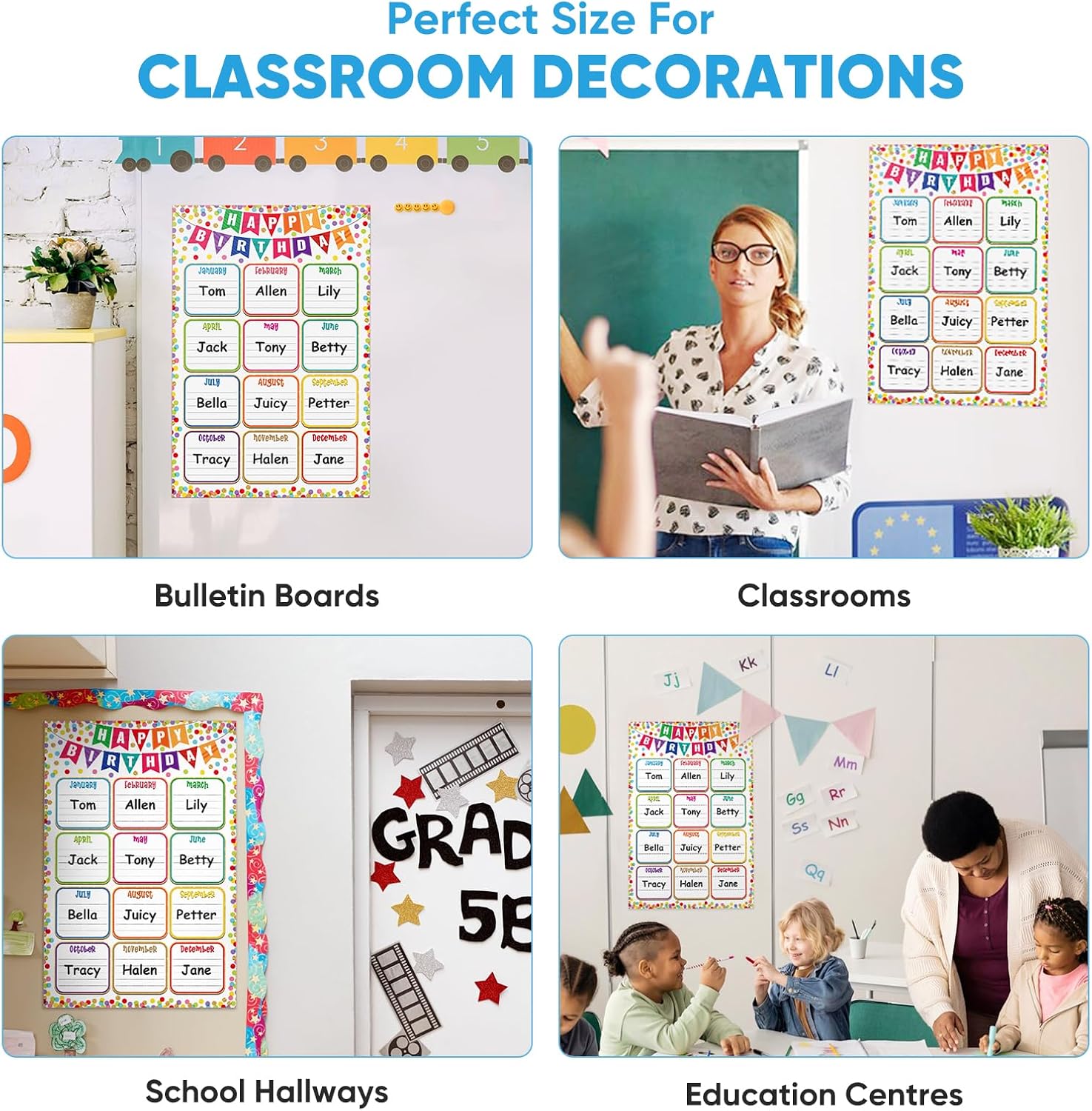 FaCraft Birthday Chart Poster for Classroom - Confetti Happy Birthday Poster Calendar Boho Reusable Laminated Classroom Birth day Chart Class Bulletin Board Decorations Back to School Teacher Supplies