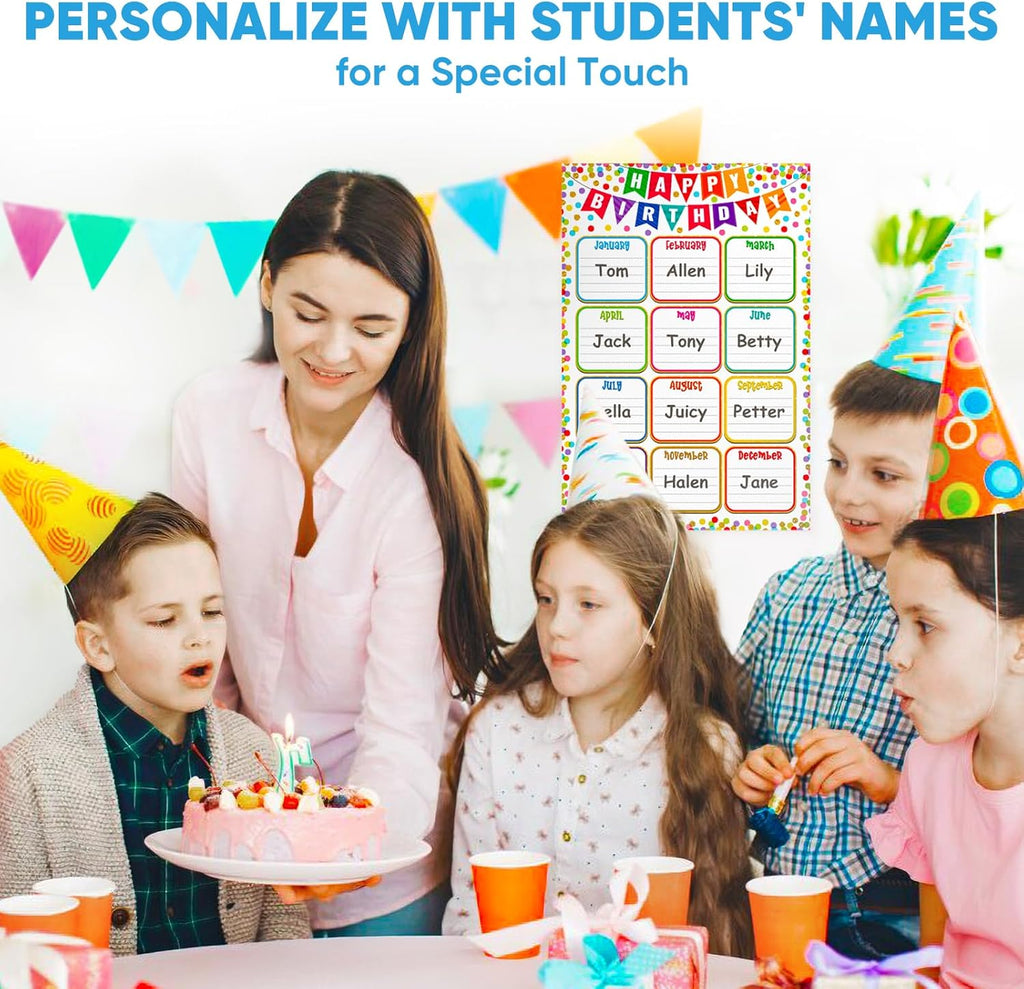 FaCraft Birthday Chart Poster for Classroom - Confetti Happy Birthday Poster Calendar Boho Reusable Laminated Classroom Birth day Chart Class Bulletin Board Decorations Back to School Teacher Supplies