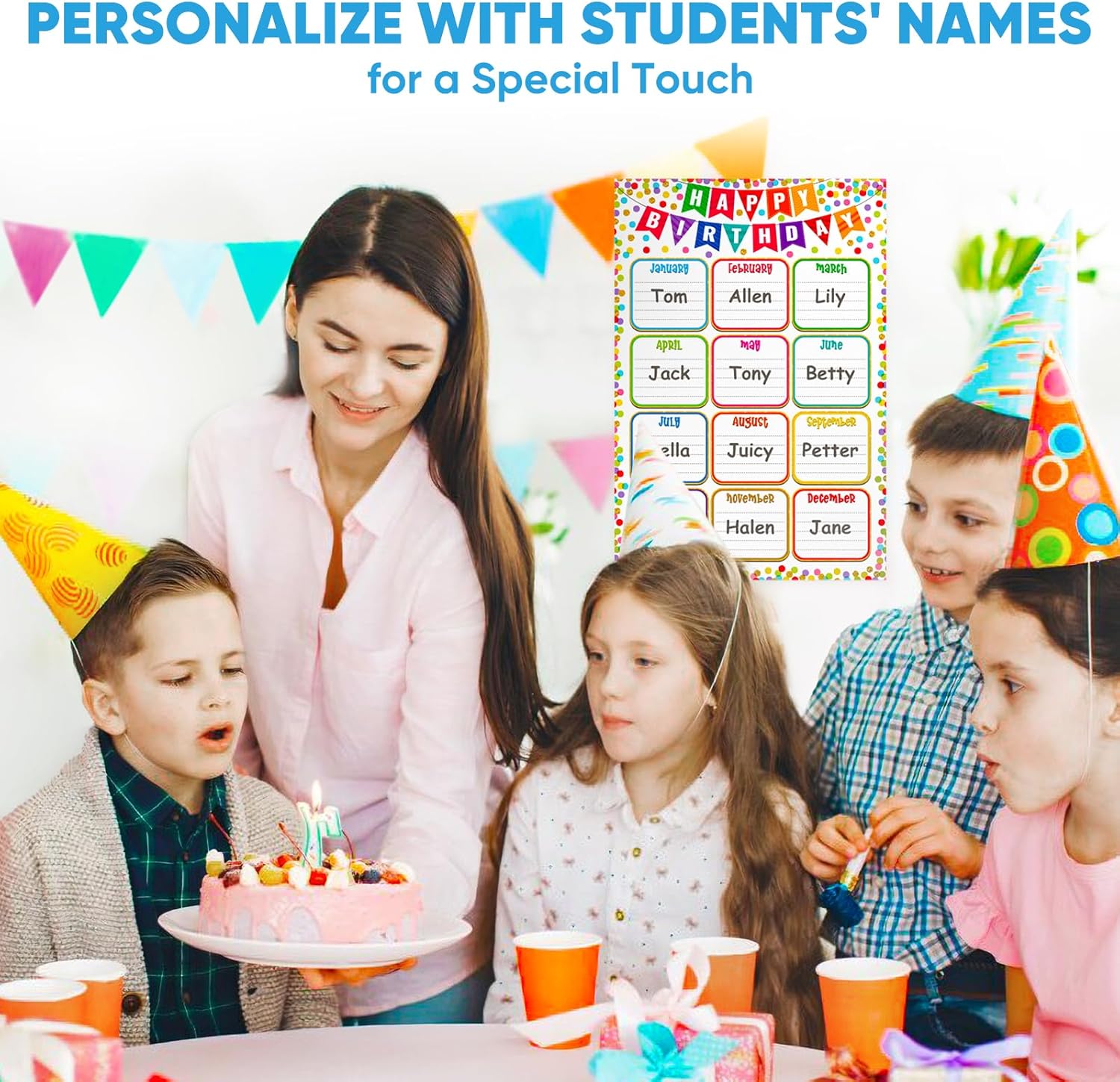 FaCraft Birthday Chart Poster for Classroom - Confetti Happy Birthday Poster Calendar Boho Reusable Laminated Classroom Birth day Chart Class Bulletin Board Decorations Back to School Teacher Supplies