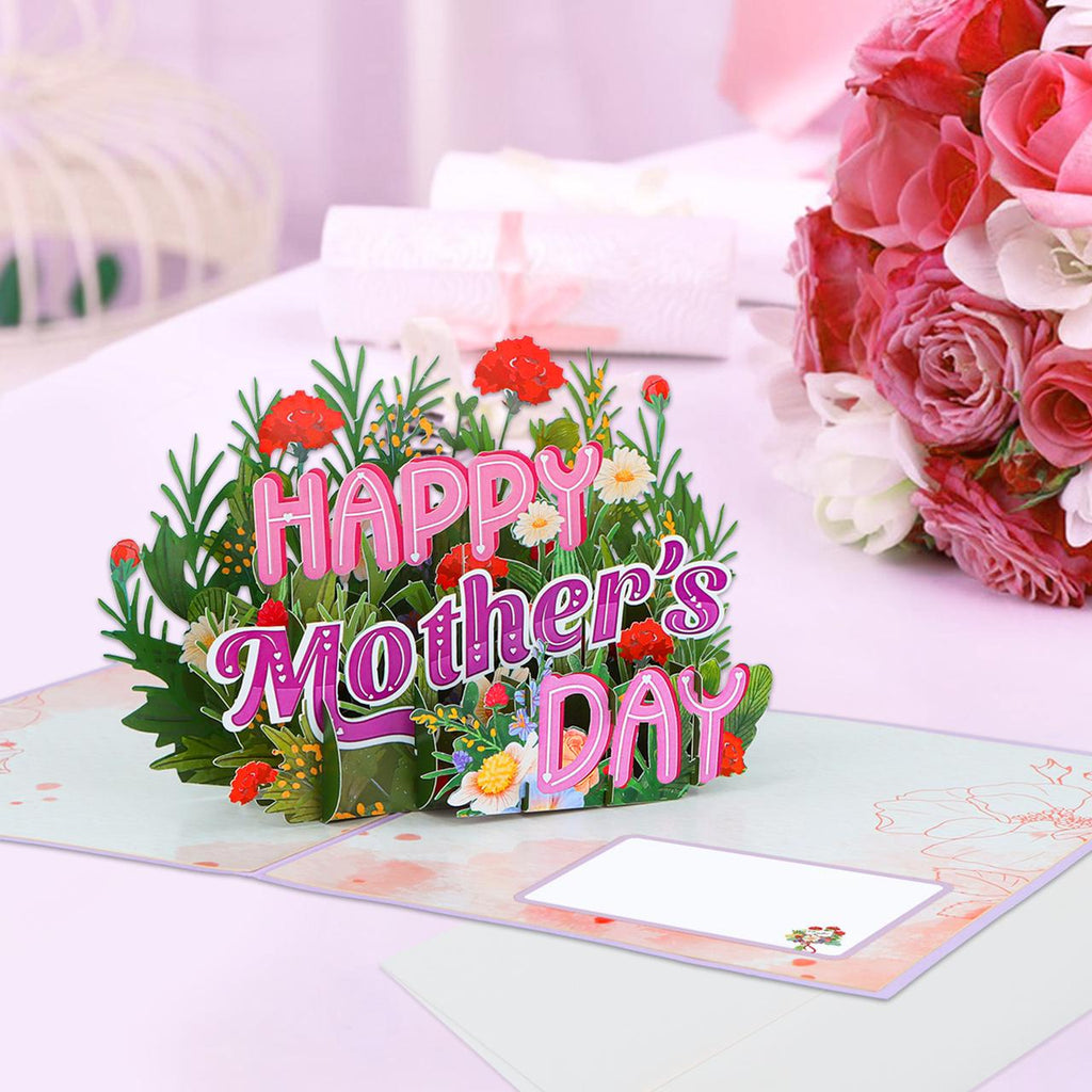 FaCraft Pop Up Mothers Day Cards - Large 8x6 4-Layer 3D Flower Garden & Butterfly Centerpiece for Mom - Handmade Happy Mother’s Day Card with White Pearlescent Envelope, Writing Note, Seal
