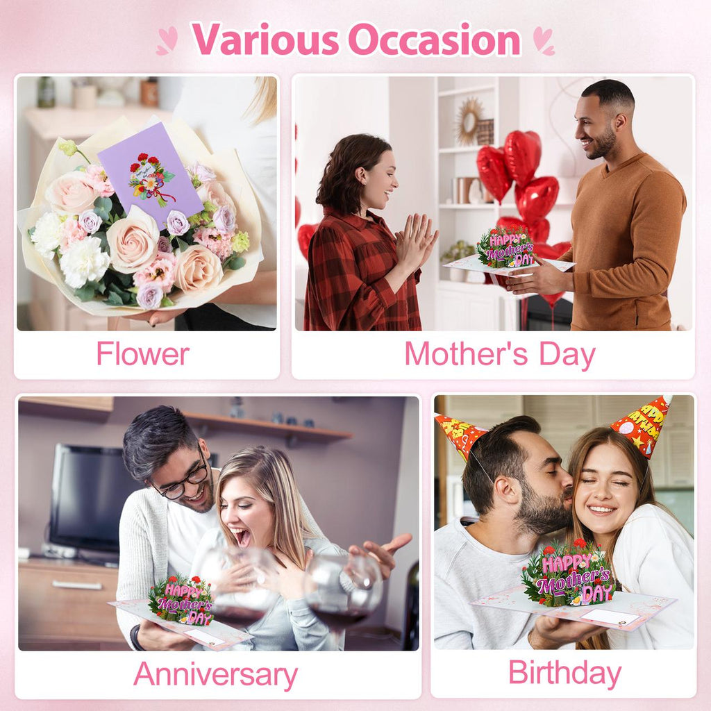 FaCraft Pop Up Mothers Day Cards - Large 8x6 4-Layer 3D Flower Garden & Butterfly Centerpiece for Mom - Handmade Happy Mother’s Day Card with White Pearlescent Envelope, Writing Note, Seal