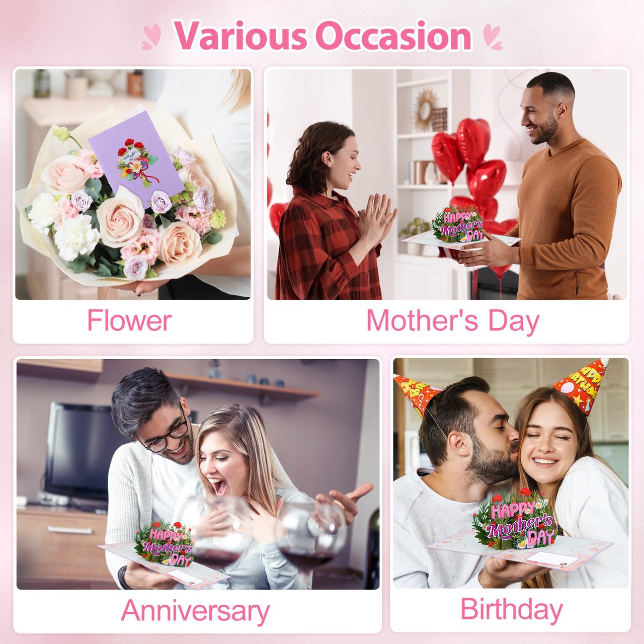FaCraft Pop Up Mothers Day Cards - Large 8x6 4-Layer 3D Flower Garden & Butterfly Centerpiece for Mom - Handmade Happy Mother’s Day Card with White Pearlescent Envelope, Writing Note, Seal